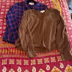 Cloth & Stone Brown V-Neck Long Sleeve Blouse and Soft Flannel blue plaid bundle